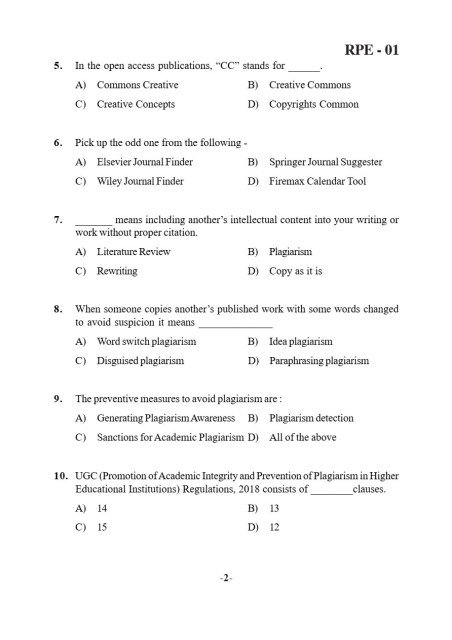 RPE Examination 2023: Research and Publication Ethics Question Paper